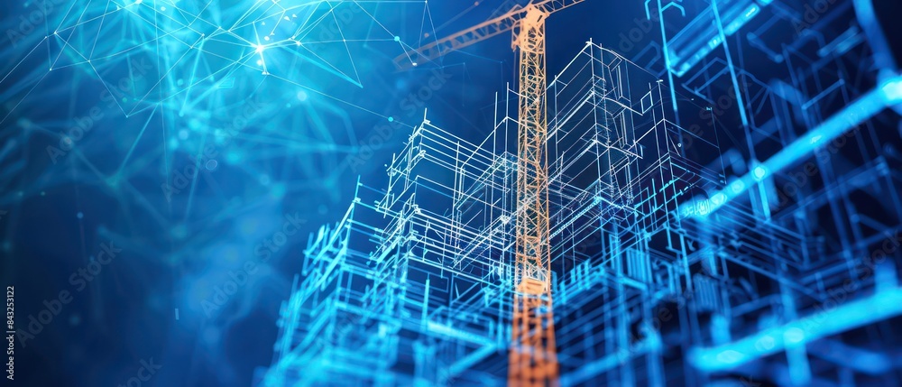 digital building with lines and white dots, representing the modernization of construction technology in architectural design digital building with lines and white dots, representing the modernization of construction technology in architectural design