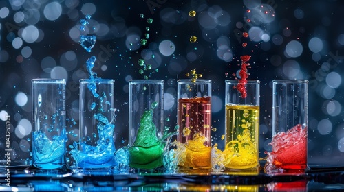 Multiple test tubes releasing blue, green, and red liquids simultaneously, with colorful splashes and droplets frozen in motion photo