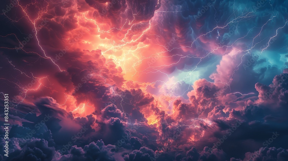 Lightning bolts dancing across a stormy blue-red sky, an abstract display of nature's electric energy and raw power Lightning bolts dancing across a stormy blue-red sky, an abstract display of nature's electric energy and raw power