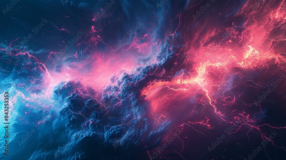 Lightning bolts dancing across a stormy blue-red sky, an abstract display of nature's electric energy and raw power Lightning bolts dancing across a stormy blue-red sky, an abstract display of nature's electric energy and raw power