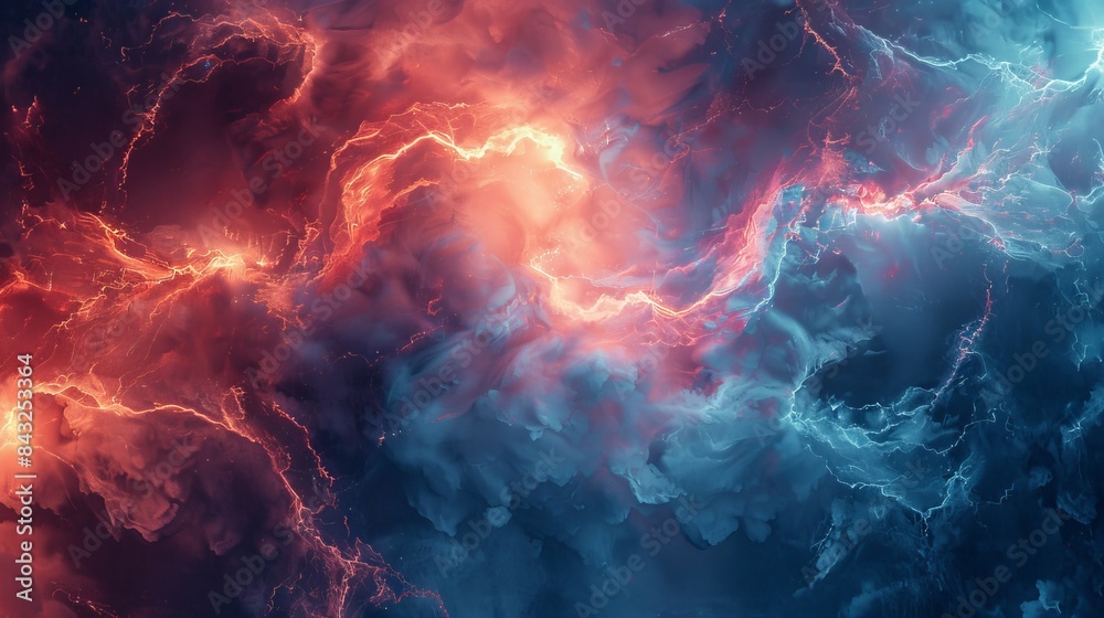 Lightning bolts dancing across a stormy blue-red sky, an abstract display of nature's electric energy and raw power Lightning bolts dancing across a stormy blue-red sky, an abstract display of nature's electric energy and raw power