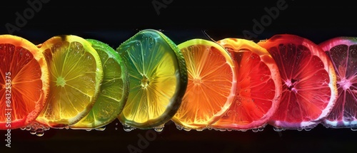 lemon fruits, colorful glossy neon slices, black background