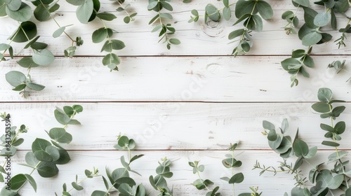 Eucalyptus branches and leaves on wooden rustic white background. Minimal background eucalyptus on white board. Flat lay, top view, copy space, generative ai
