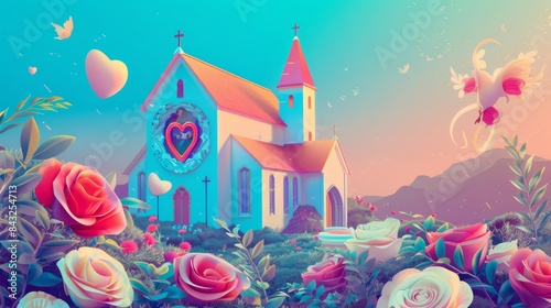 Romantic church wedding with dove and hearts illustration