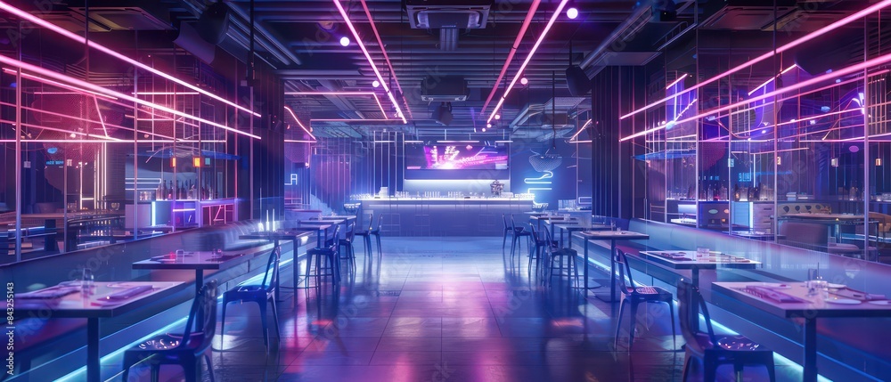 stunning cafe or gathering space made predominantly of glass, with enchanting neon lighting that enhances its luxurious and contemporary appeal.