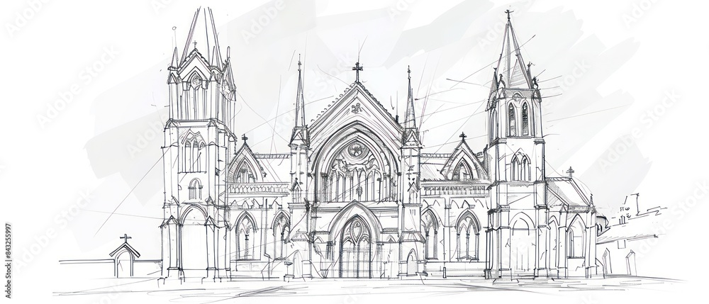 pencil drawing, Gothic architecture rises from the page with intricate arches and ornate details, set against a clean white backdrop pencil drawing, Gothic architecture rises from the page with intricate arches and ornate details, set against a clean white backdrop
