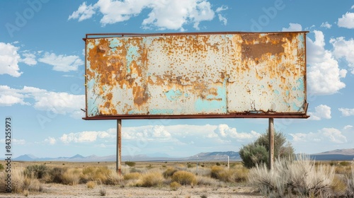 Rusty billboard in the desert landscape for advertising and travel designs