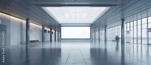 contemporary entrance hall in the office building features a prominent digital screen and floor-to-ceiling windows that offer stunning views, creating an inviting and dynamic atmosphere