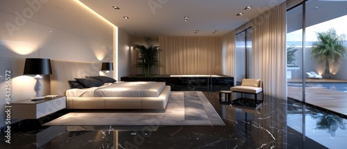 master bedroom with modern interior design, featuring minimalist lamps, black marble flooring, and linear black ceiling lights for a sophisticated ambiance