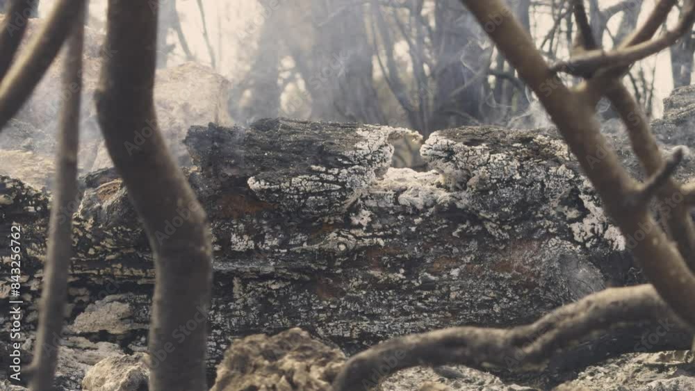 burned trees and dramatic landscape
