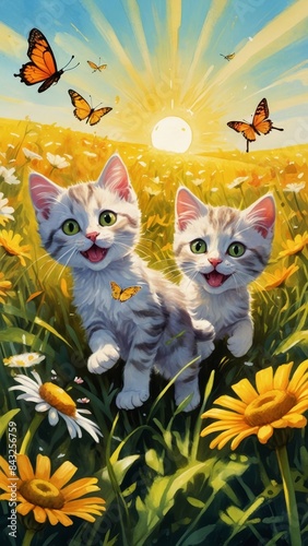Two adorable kittens run through a field of wildflowers under a bright summer sun