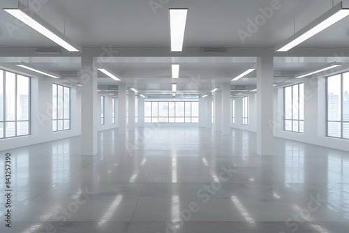 Modern empty office space with large windows  grey tones  and artificial lighting on a minimalist concept background. 3D Rendering