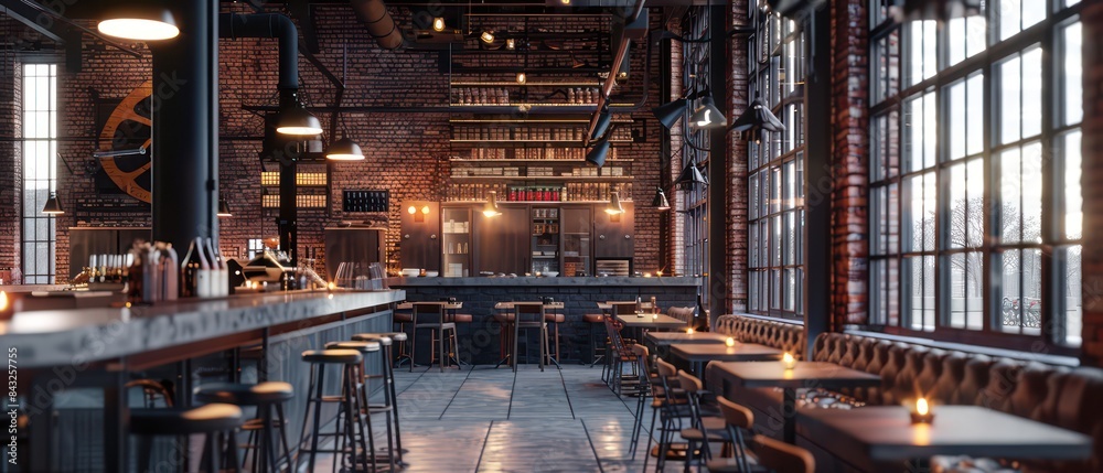 restaurant showcases a sleek industrial look with exposed red brick walls, black steel elements, and strategically placed hidden lights for a sophisticated touch restaurant showcases a sleek industrial look with exposed red brick walls, black steel elements, and strategically placed hidden lights for a sophisticated touch