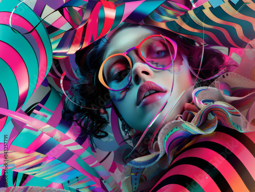 A woman with colorful hair and makeup is wearing glasses and is lying on a bed