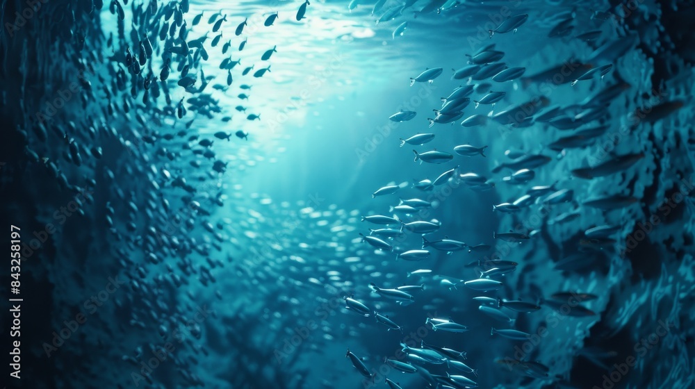 School of Fish Swimming Underwater in Ocean School of Fish Swimming Underwater in Ocean
