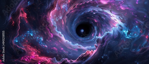 swirling galaxy of neon blue, purple, and pink liquids forms a dynamic vortex around a supermassive black hole, all set against a dark, mysterious background 