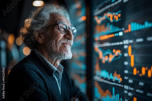 Man facing digital screens with financial graphs