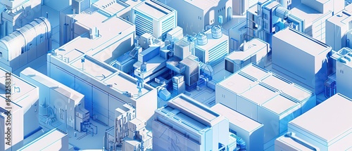 cityscape of urban buildings in blue hues, capturing the essence of technology and futuristic design