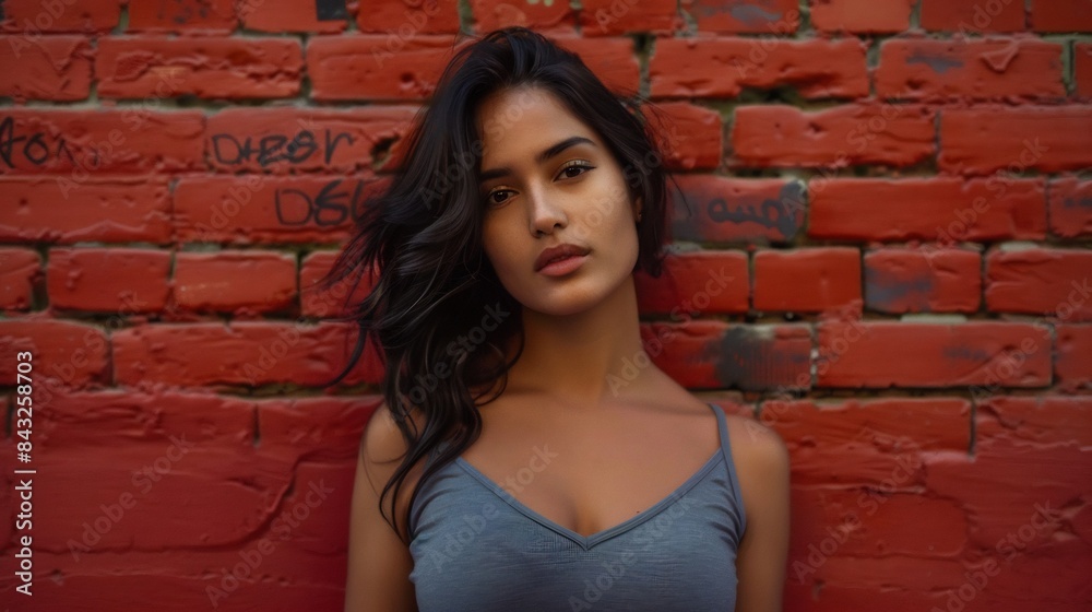 a beautiful woman wearing a tight t-shirt with a red brick wall in the background a beautiful woman wearing a tight t-shirt with a red brick wall in the background