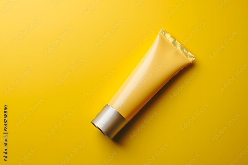 Stylish metal tube with cream inside on yellow background, empty for mockup Stylish metal tube with cream inside on yellow background, empty for mockup