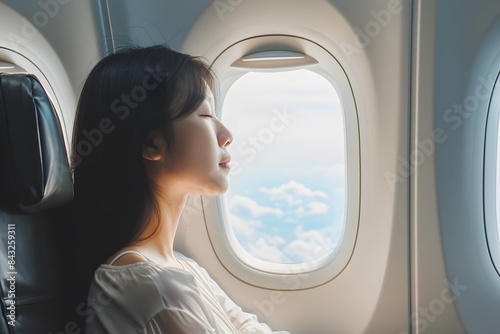 Asian woman sitting in a seat in airplane and looking out the window going on a trip vacation travel concept © manof