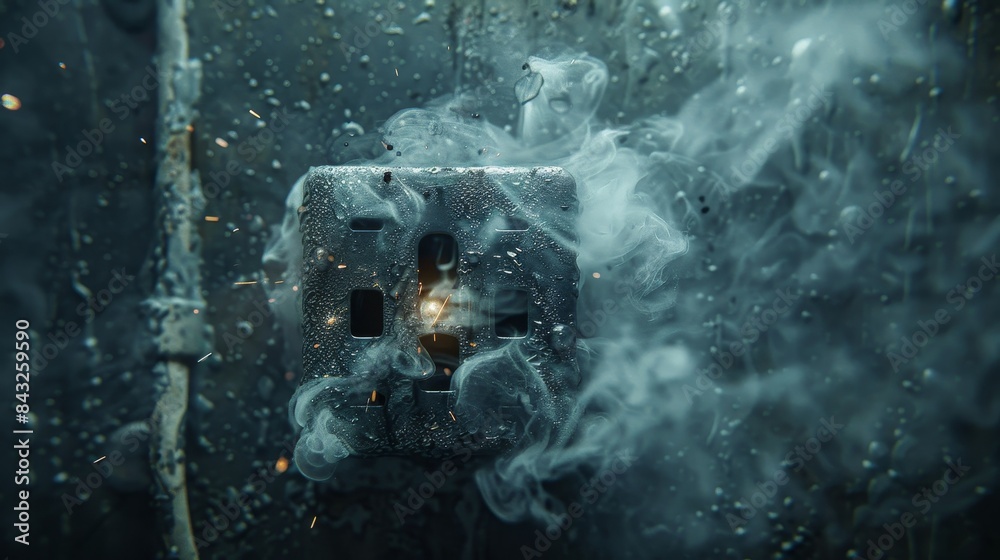 Fototapeta premium Detailed view of a damaged electrical socket with smoke billowing out and electric sparks flying, emphasizing the raw and hazardous look