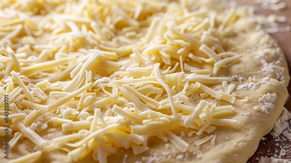 Detailed macro shot of raw pizza dough, covered in a generous layer of shredded cheese, isolated background, even studio lighting Detailed macro shot of raw pizza dough, covered in a generous layer of shredded cheese, isolated background, even studio lighting