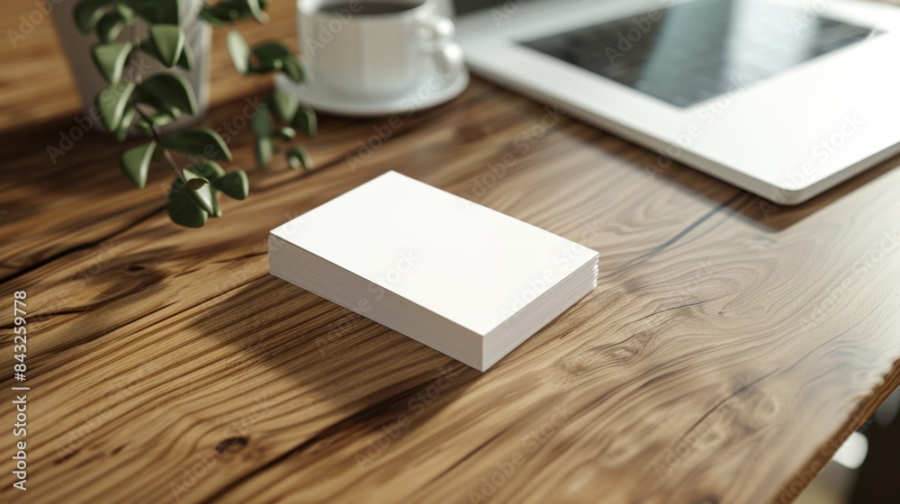 Fototapeta premium Minimalistic office desk with a blank notepad, coffee cup, tablet, and plant. Wooden surface, modern workspace, natural light.