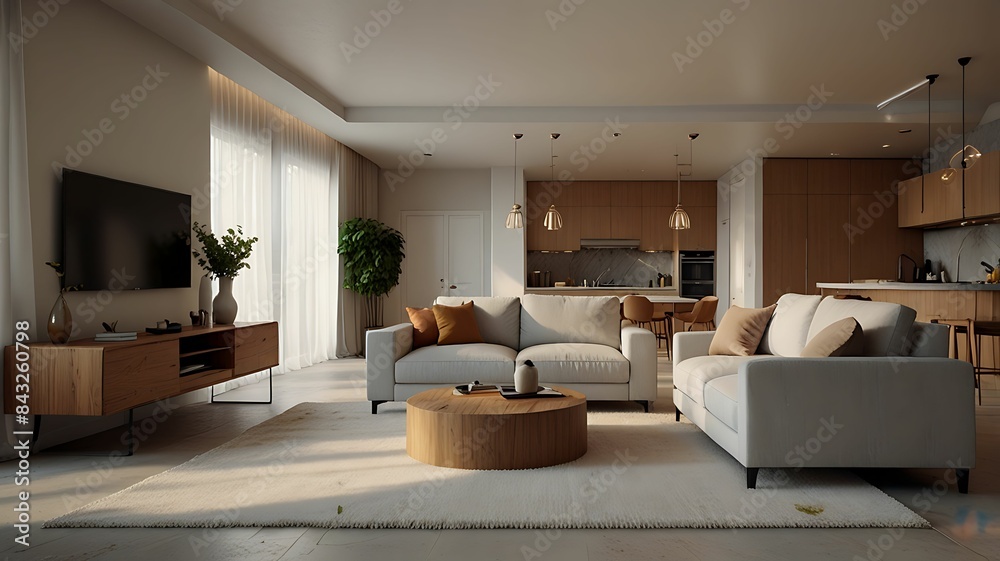 Fototapeta premium Minimalist Scandinavian interior design with empty wall mockup in beige color theme. Contemporary living room interior concept.