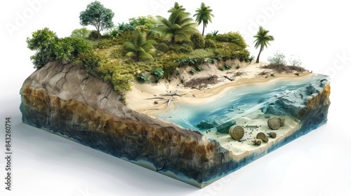 Hidden Treasure at Isometric Beach - Digital Octane Render with Buried Secret on White Background