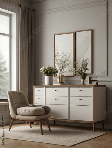 Blank empty cabinet wall mockup in modern minimalist interior design style. Contemporary living room interior concept.