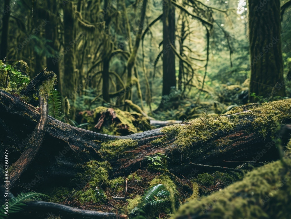 Lush green forest with moss-covered fallen tree