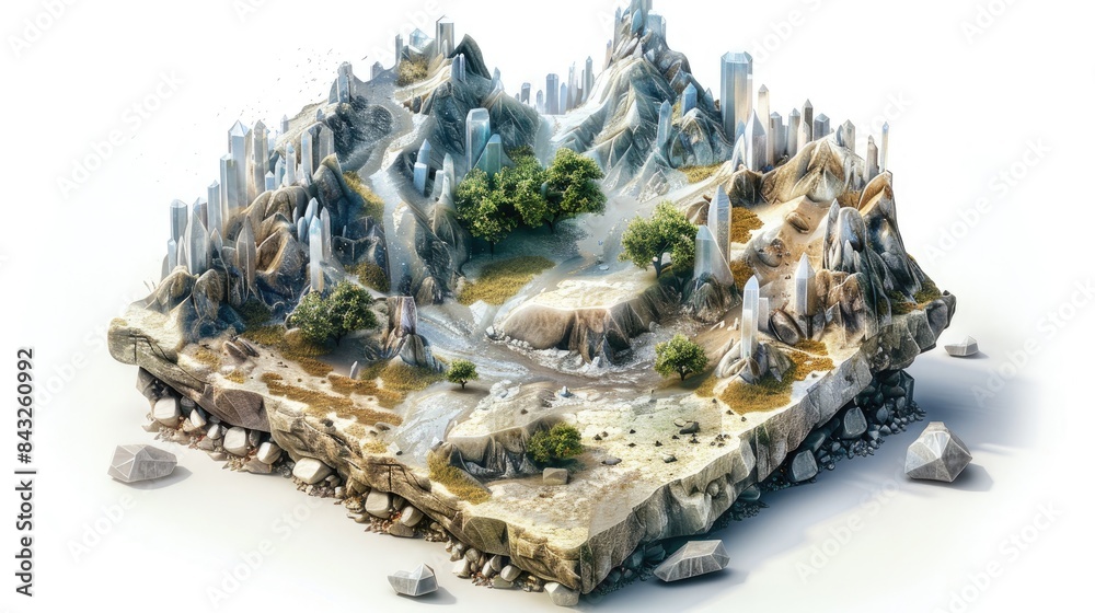 custom made wallpaper toronto digitalMajestic Rocky Plateau Landscape with Crystal Cave Cross-Section - Isometric View on White Background - Digital Octane Render