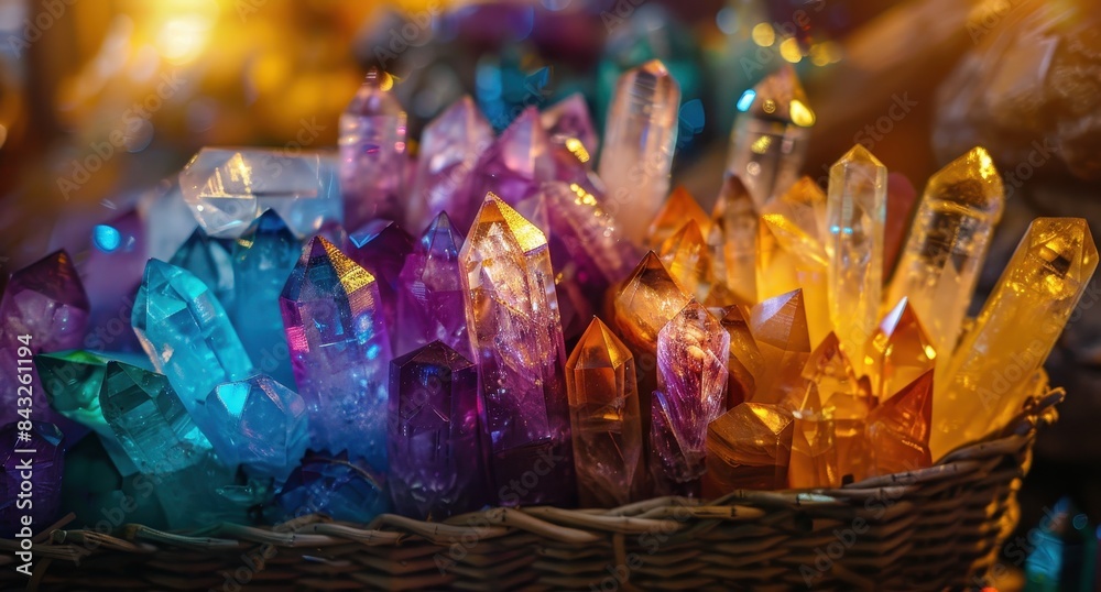 Colorful crystal quartz gemstones in a wicker basket Colorful crystal quartz gemstones in a wicker basket