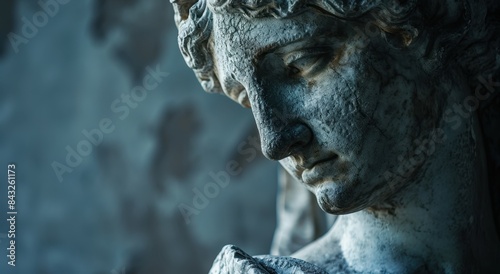 Weathered stone statue with pensive expression