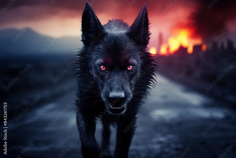 Fierce black wolf with glowing red eyes in a dark, fiery landscape Fierce black wolf with glowing red eyes in a dark, fiery landscape
