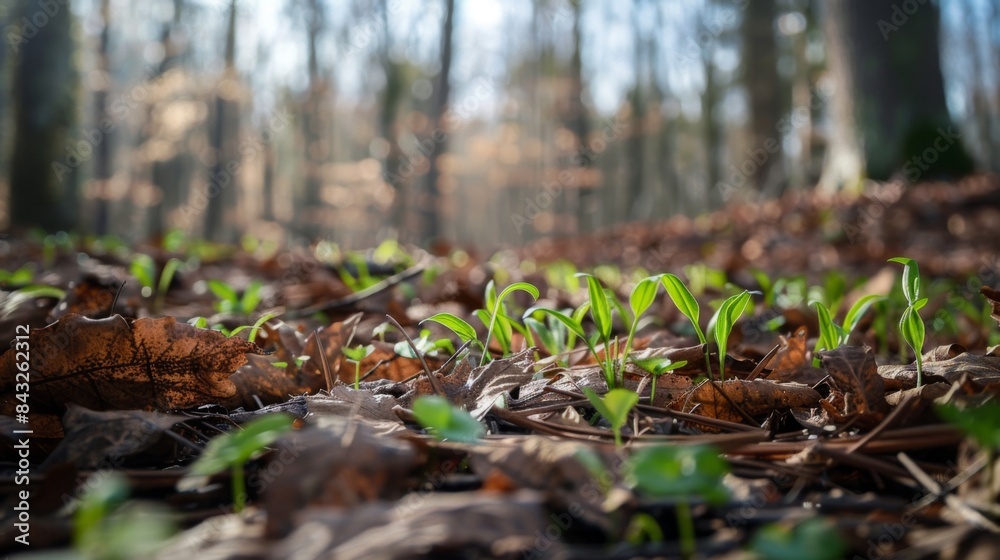 New Green Sprouts Emerging in Forest Floor New Green Sprouts Emerging in Forest Floor