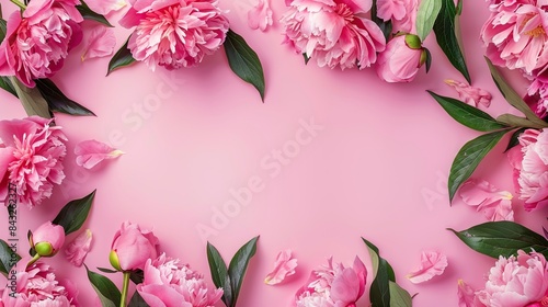 Frame made of beautiful peony flowers on pink background. summer flowers, spring banner, birthday, Mother's day, wedding, mockup frame