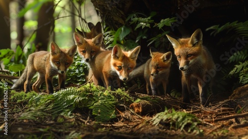 Group of Fox Cubs Exploring Lush Forest Floor