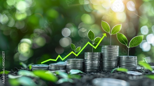 Green Investment Growth with Stacked Coins and Plants