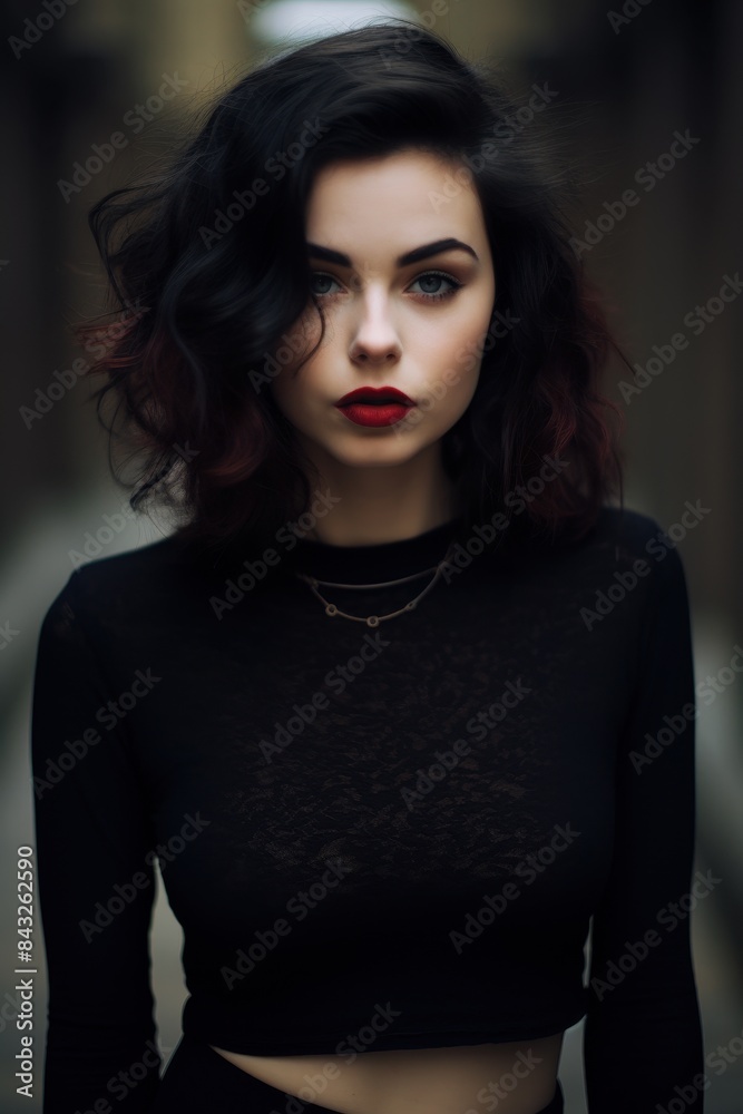 Mysterious woman with dark hair and red lips Mysterious woman with dark hair and red lips