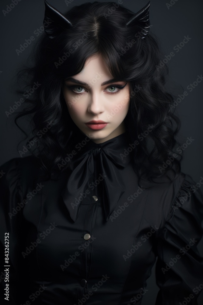 Mysterious woman with dark hair and piercing gaze Mysterious woman with dark hair and piercing gaze