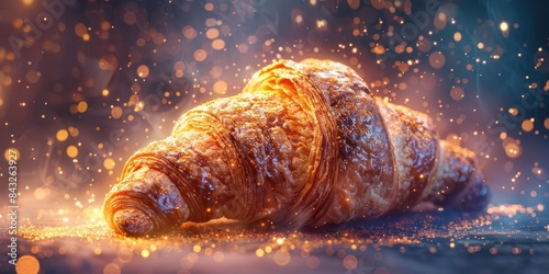 Freshly baked croissant with golden crust and sparkling sugar crystals