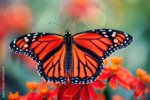 Vibrant orange butterfly on red flower