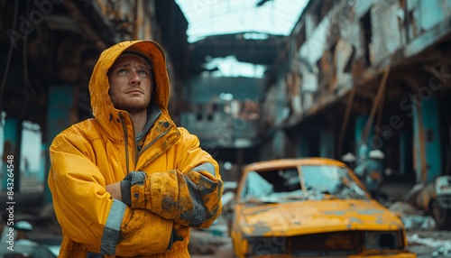 Reflective man in yellow at abandoned site