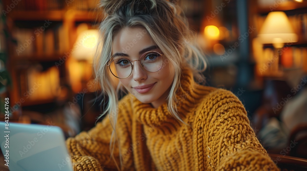 A young woman in a yellow sweater working on a laptop in a cozy library at night A young woman in a yellow sweater working on a laptop in a cozy library at night