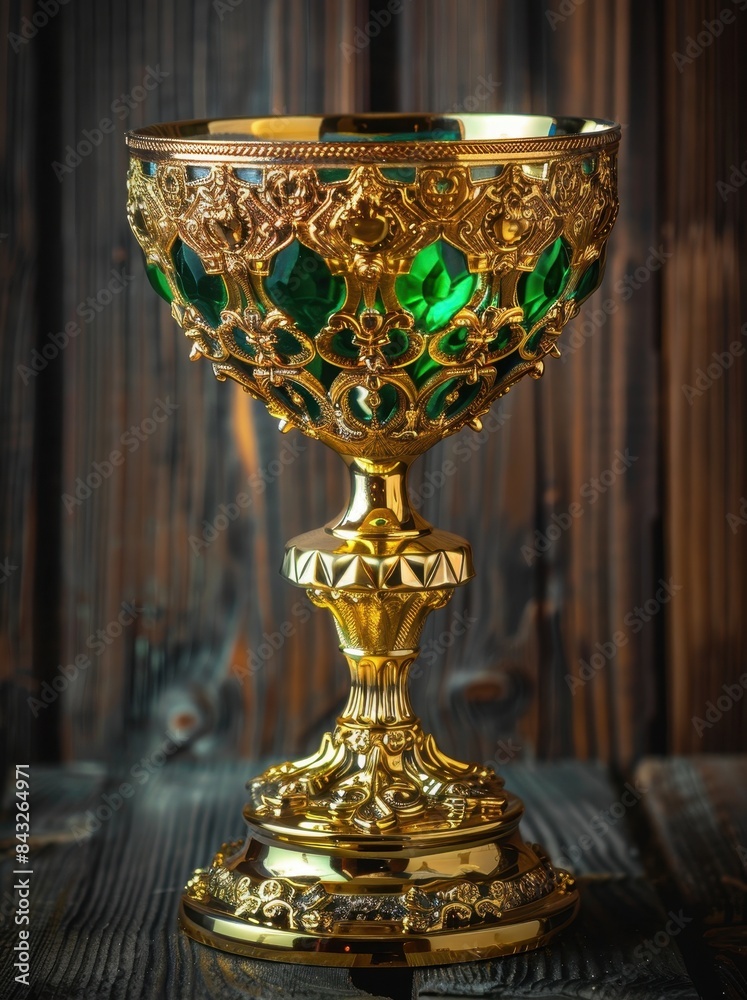 Ornate golden chalice with emerald gemstones Ornate golden chalice with emerald gemstones