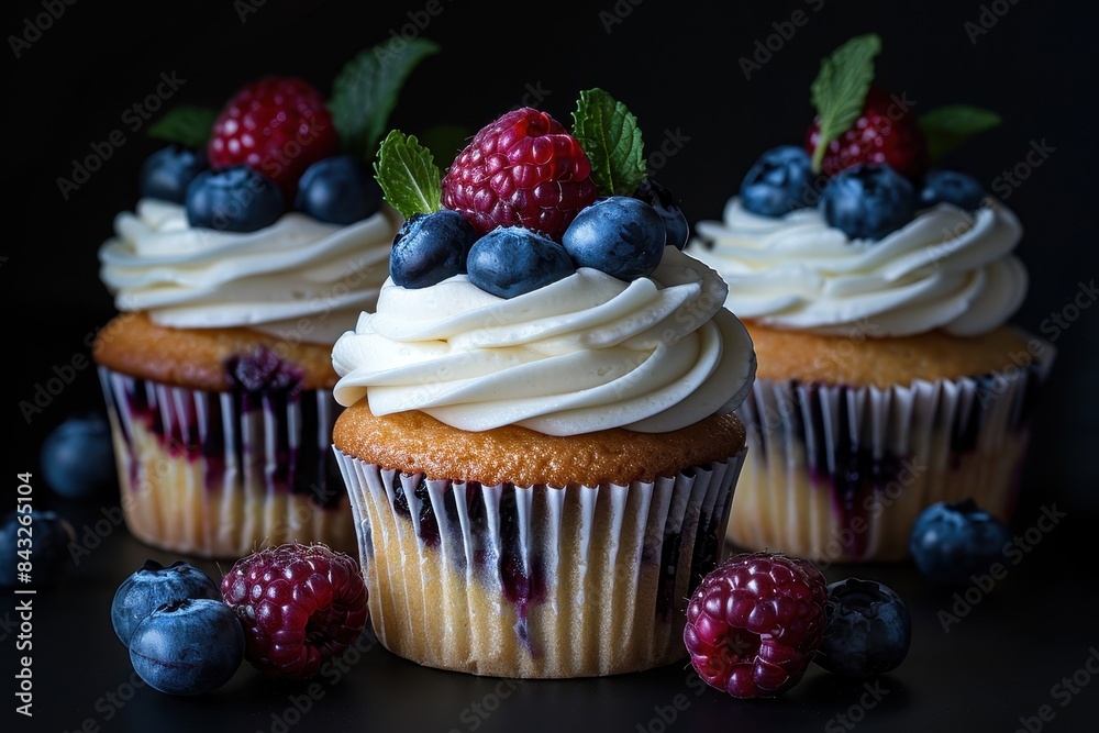 Delicious cupcakes with fresh berries and cream topping Delicious cupcakes with fresh berries and cream topping