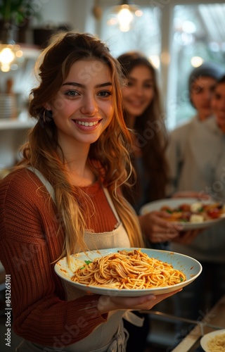 Friends enjoying a pasta meal together at home, celebrating and sharing the joy of a family dinner