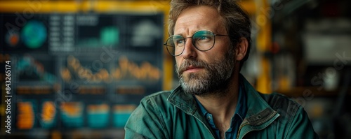 Focused man with beard in industrial setting